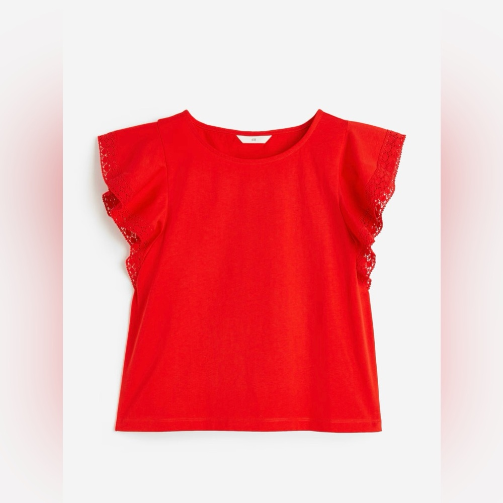H&M RED FLUTTER-SLEEVED JERSEY TOP